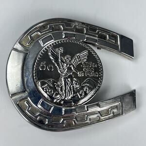 Vintage 50 Peso Coin Design Horseshoe Belt Buckle Silver Tone 1821-1947